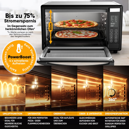 Stillstern Mini Oven with Fan 45L (DE vers) Pizza Ø32, CYCLONE PRO+ non-stick coat, 13 progs, defrost&keep warm, 8h timer, Camping Mini Oven with Fan Pizza Oven Mini Oven small Chicken Grill