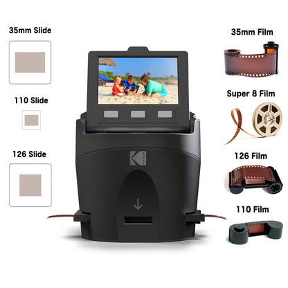 KODAK Digital Film Scanner converts negatives and film slides in 35mm, 126, 110, Super 8, and 8mm to JPEG. Features large tiltable 3.5-inch LCD display and EasyLoad films. RODFS35 Black.