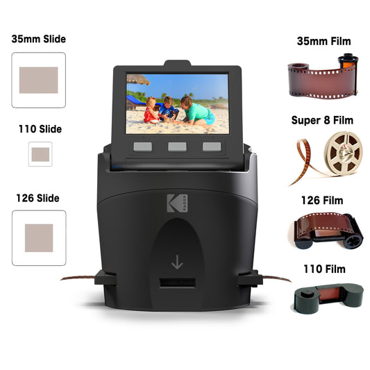 KODAK Digital Film Scanner converts negatives and film slides in 35mm, 126, 110, Super 8, and 8mm to JPEG. Features large tiltable 3.5-inch LCD display and EasyLoad films. RODFS35 Black.