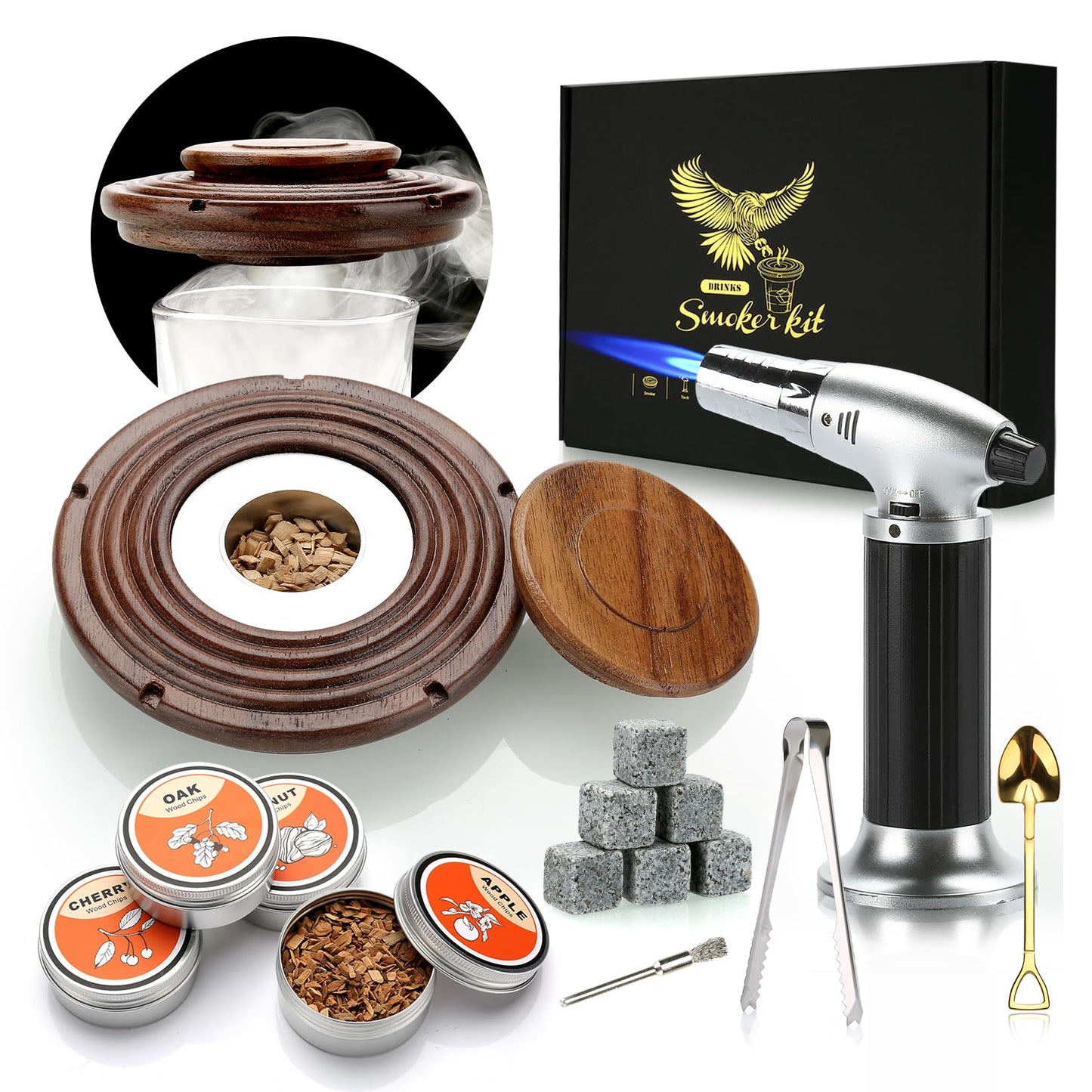 Dad's Christmas gift, Cocktail Smoker Kit, Whisky Stones, Culinary torch, Old Fashioned Whiskey Smoker Drinks Kit, Cocktail Accessories, Bourbon-Walnut (Butane not included)
