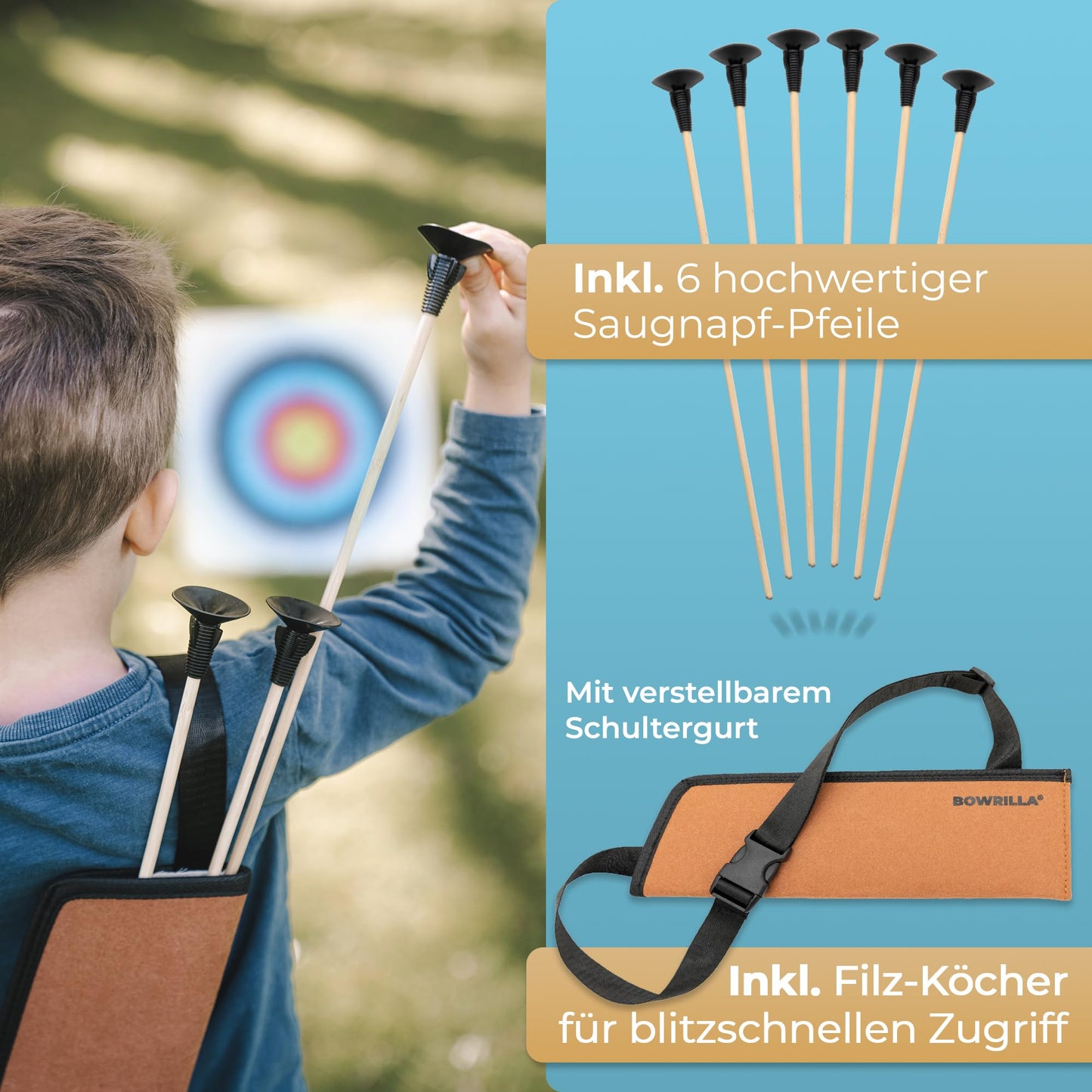 BOWRILLA® arrow and bow children's set with 6 suction cup arrows, wooden target, and quiver | Archery kids' toy for indoor and outdoor games from age 4 | For right and left-handed players.
