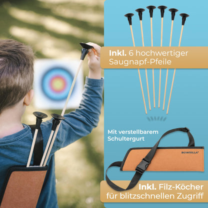 BOWRILLA® arrow and bow children's set with 6 suction cup arrows, wooden target, and quiver | Archery kids' toy for indoor and outdoor games from age 4 | For right and left-handed players.