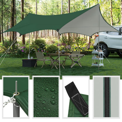 WOLTU tent tarp waterproof 4.4x4.4m PU 3000mm, UV protection tarp with 2 support poles, multifunctional ultralight camping tarp sun/rain protection for picnic hiking hammock