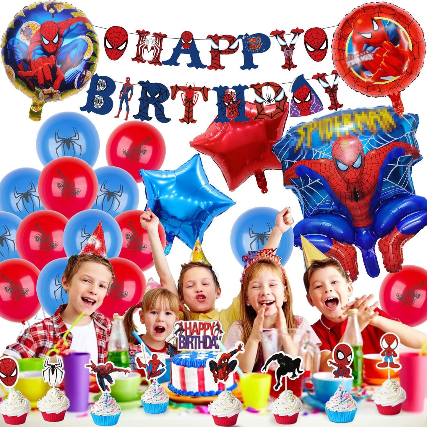 Spiderman birthday party decorations, 30 helium balloons for birthday, featuring huge 3D Spiderman hero balloons and number balloons, birthday decor for 5-year-old kids.