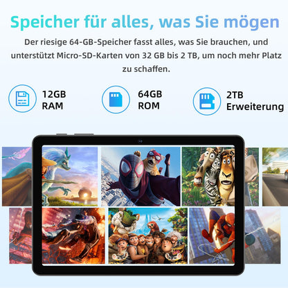 JIKOCXN Android 15 tablet 10.1 inch tablet, 12GB RAM+64GB ROM+1TB expansion, 1280x800 HD touchscreens, 6000mAh battery, WiFi 5, Bluetooth 5.0, 5MP+8MP dual camera, GPS (Gray)