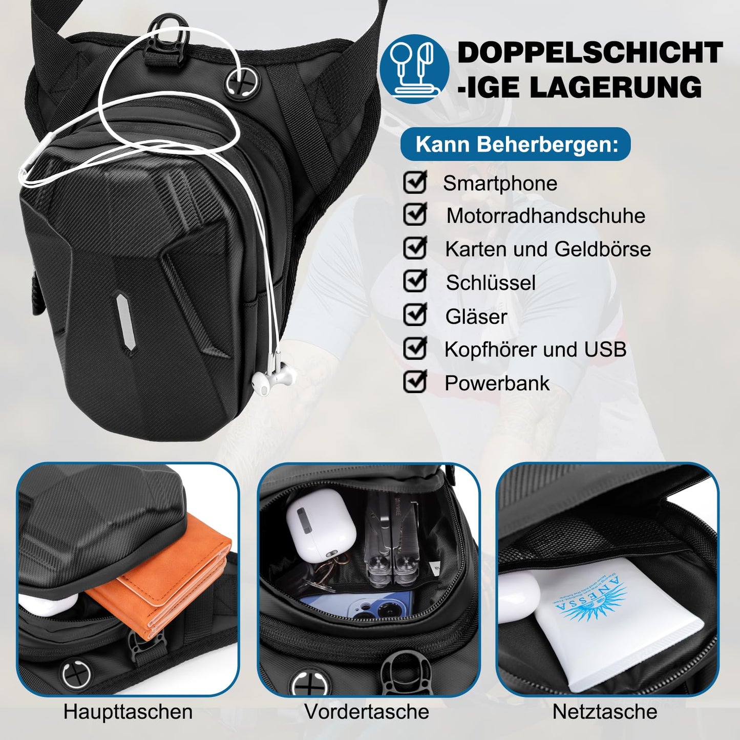 ISEYOU leg bag motorcycle, thigh bag for men and women, leg bag with detachable leg straps multifunctional bag for hiking, camping, climbing, running, sports, and work. Luggage rolls.