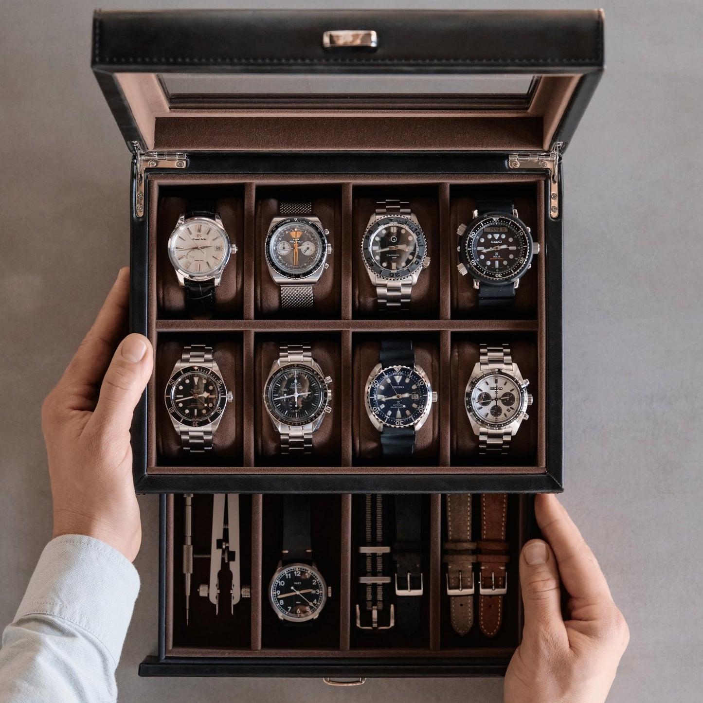 TAWBURY watch box for men up to 8 watches - black watch and jewelry storage box with drawer for men | Faux leather watch storage case | Luxury watch box for men | Watch holder