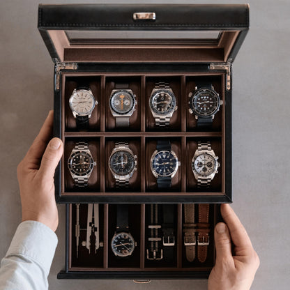 TAWBURY watch box for men up to 8 watches - black watch and jewelry storage box with drawer for men | Faux leather watch storage case | Luxury watch box for men | Watch holder