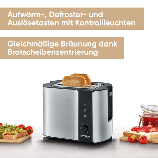 SEVERIN automatic toaster with bun warmer, high-quality stainless steel toaster for toasting, defrosting, and warming, 800 W, stainless steel brushed/black, AT 2589