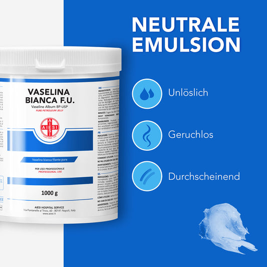 AIESI® White Pure Petroleum Jelly Ph.Eur. (1 kg glass jar), For medical, dermatological, and professional use, Made in Italy