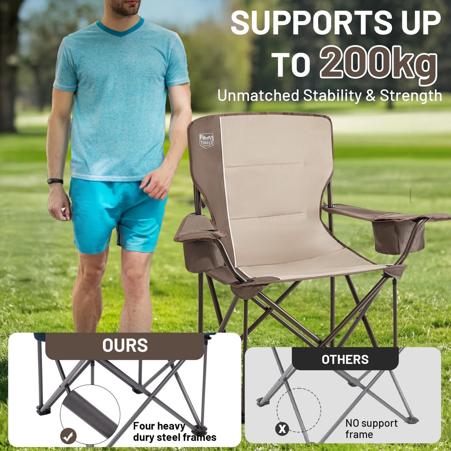 TIMBER RIDGE Folding Camping Chair 200KG Oversized 63cm Wide Seat Portable Camp Chair Comfortable Padded with Insulated Cooler Bag Camping Recliner Garden Chair Fishing Chair