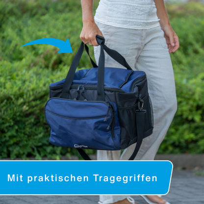 Cartrend cooler bag 30 L, with 12V car connection cable 1.50 m long, Adjustable shoulder strap, large front pocket with zipper and 2 side nets, Easy-care interior coating.