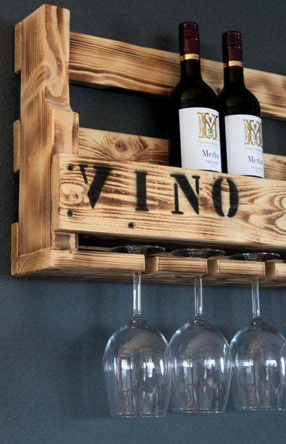 Decorative wooden wine rack for the wall - with glass holder and VINO lettering - Flamed finish - pre-assembled - Shelf for wine bottles and wine glasses