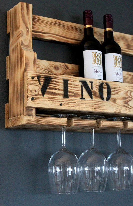 Decorative wooden wine rack for the wall - with glass holder and VINO lettering - Flamed finish - pre-assembled - Shelf for wine bottles and wine glasses