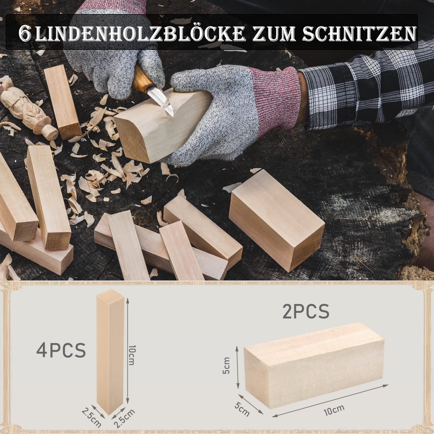 Wood Carving Tool Set, KAQ 32 in 1 Carving Kit with 15 Carving Knives, 6 Pieces of Lime Wood for Carving, Sharpening Stone, and cut-resistant gloves. Carving tool set for beginners and kids.