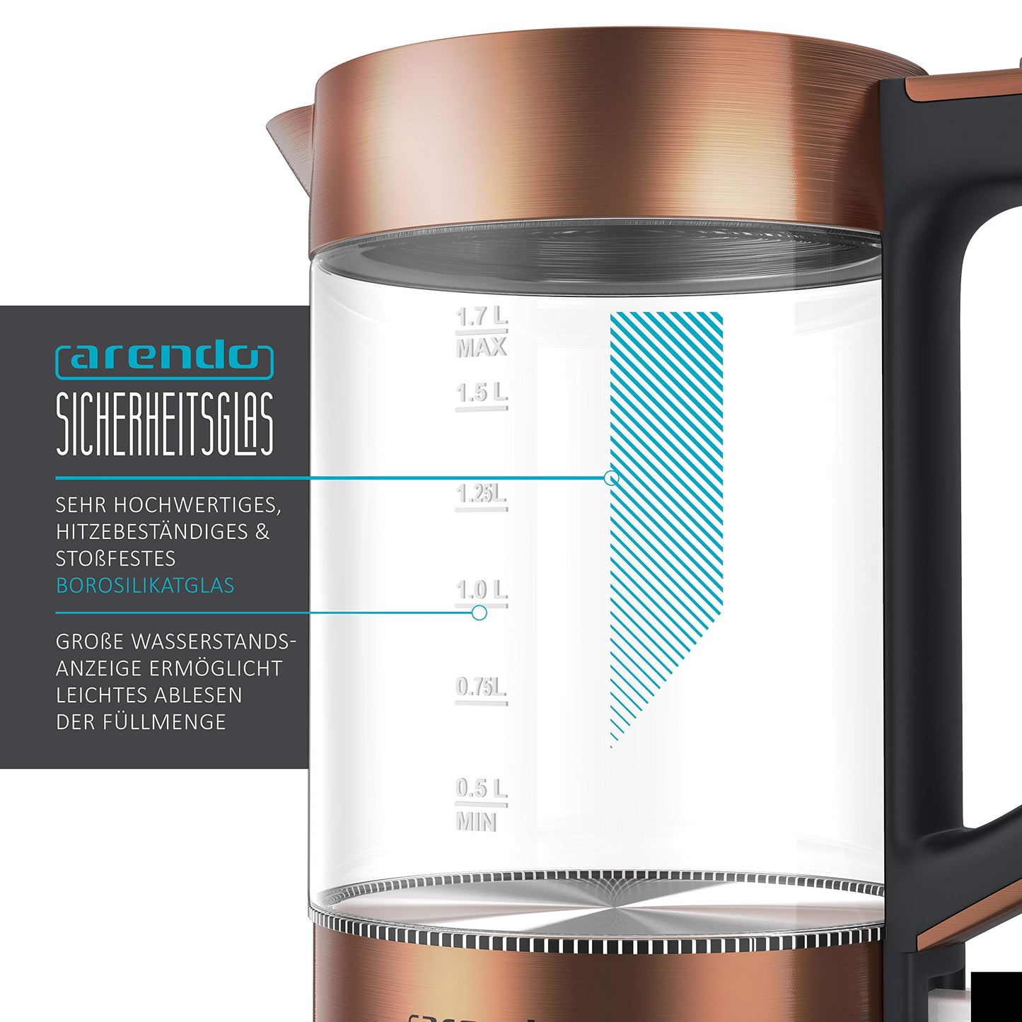 Arendo - Glass kettle stainless steel - 1.7 liters - 2200W - Cool Touch handle - One Touch closure - automatic shut-off - integrated cord storage - overheat protection - Copper design