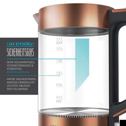 Arendo - Glass kettle stainless steel - 1.7 liters - 2200W - Cool Touch handle - One Touch closure - automatic shut-off - integrated cord storage - overheat protection - Copper design