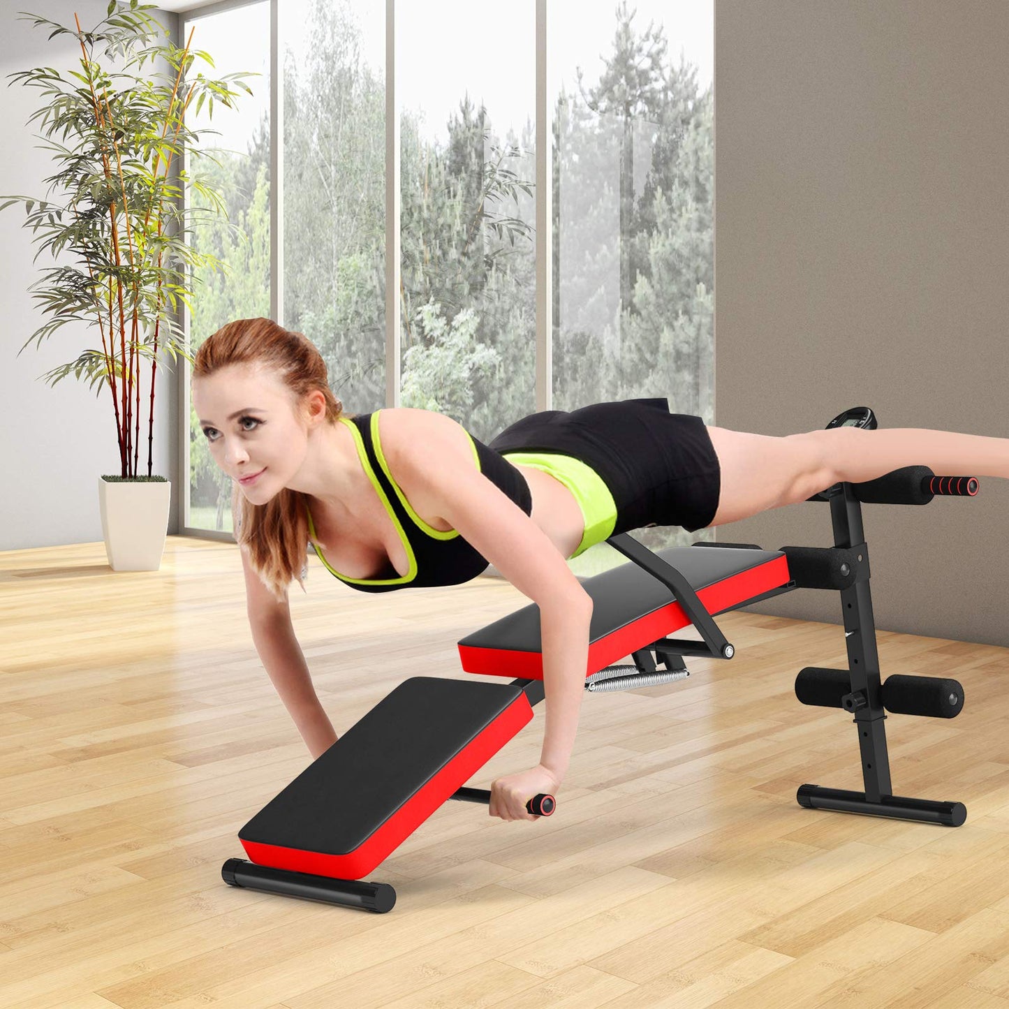 COSTWAY Foldable Sit Up Bench, 5 levels adjustable training bench with monitor, incline bench, home trainer up to 150kg load capacity for sit-ups and leg lifts (Red)