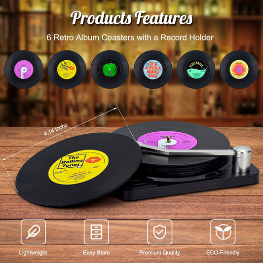 Valdivia retro vinyl record coasters with holder, set of 6 coasters for drinks, bars, parties, office, cafes, tea, cool home decor, and unique housewarming gifts.