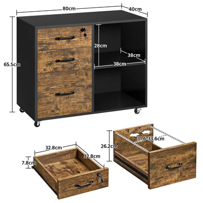 Yaheetech rolling file cabinet, office cabinet with 5 wheels, 3 drawers and 2 open compartments, industrial design, for documents, vintage brown-black.