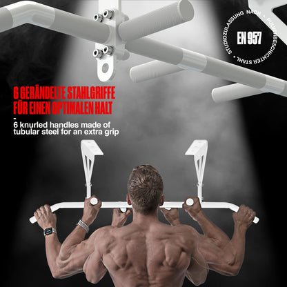 HOLD STRONG Fitness Pull-Up Bar for Ceiling Mount, HS-K-D6W, White, Studio Approved, 6 Non-slip Handles, Pull Up Exercises & more, incl. E-Book & Mounting Material, extremely sturdy