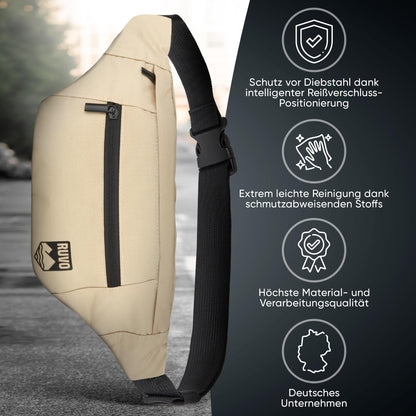 RUVO® Waist Bag for Men and Women | stylish fanny pack with maximum storage space | 4 compartments each with zipper | suitable for all activities.