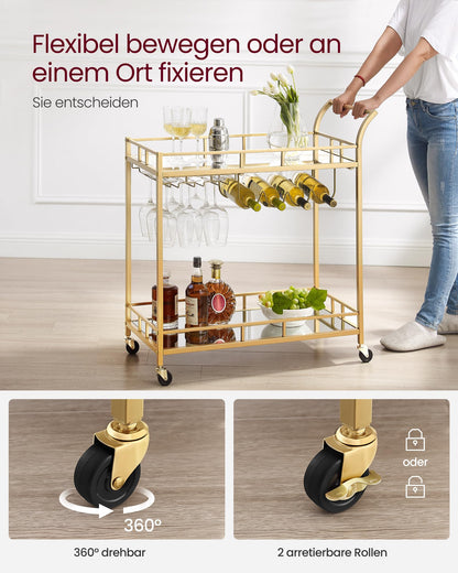 VASAGLE serving cart, rolling cart, glass holder, 2 mirrored glass shelves, bar cart, wine cart, for kitchen, dining room, bar, gold color LRC090A03