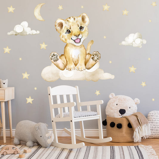 WALL CHILD Lion on the Cloud V273 | Hand-drawn | STICKER Nursery | Wall sticker for children's room with stars Baby lion Baby Safari (50 x 50 cm)