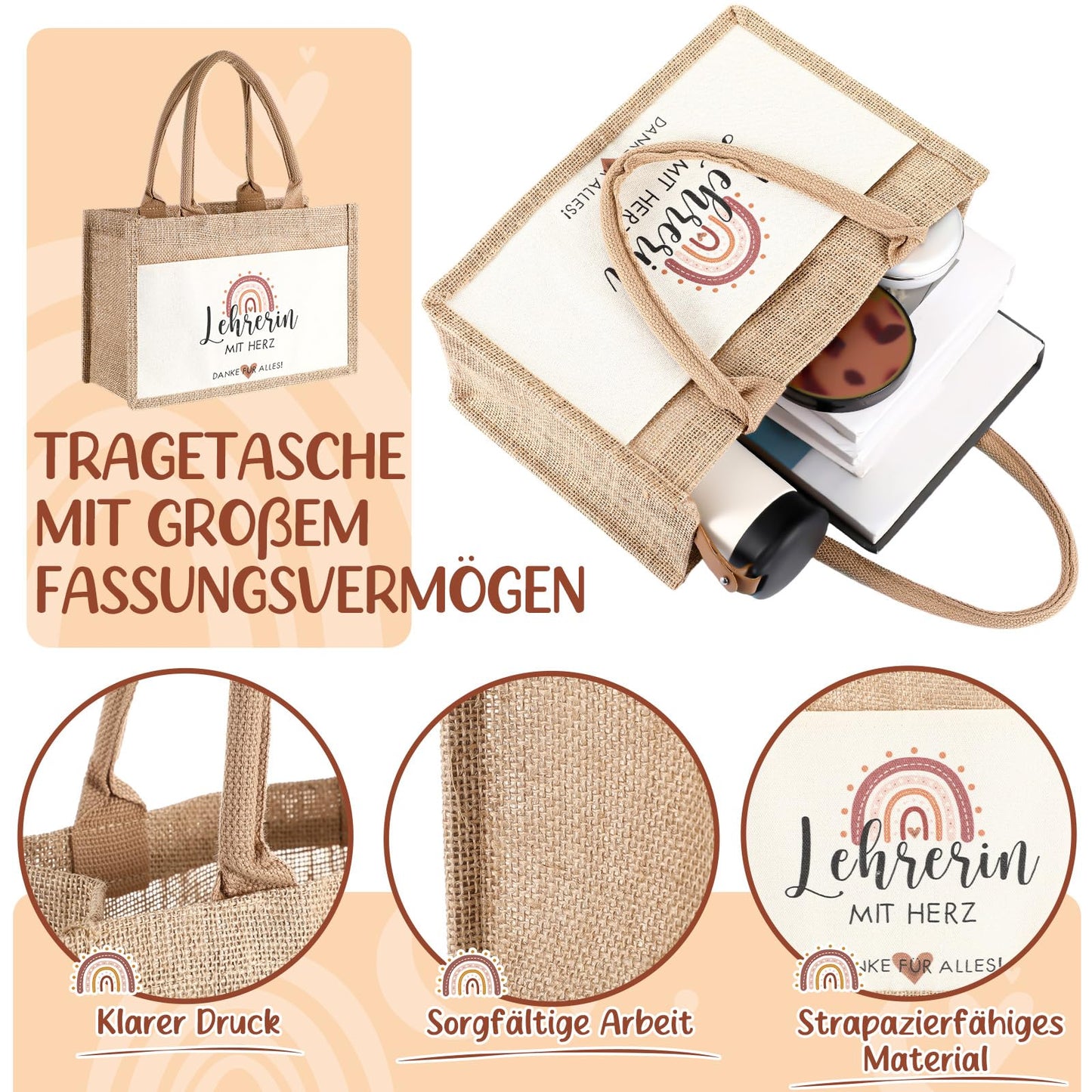 Tenare 4-piece Thank You Gifts for Teacher Day - Teacher Jute Handbag, Metal Teacher Keychain with Engraving, Rainbow Thank You Card with Envelope. Farewell to Educator for Graduation School.