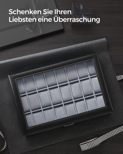 SONGMICS Watch Box, lockable watch case, storage organizer for watches, with 24 compartments, glass lid, gift for loved ones, black JWB024