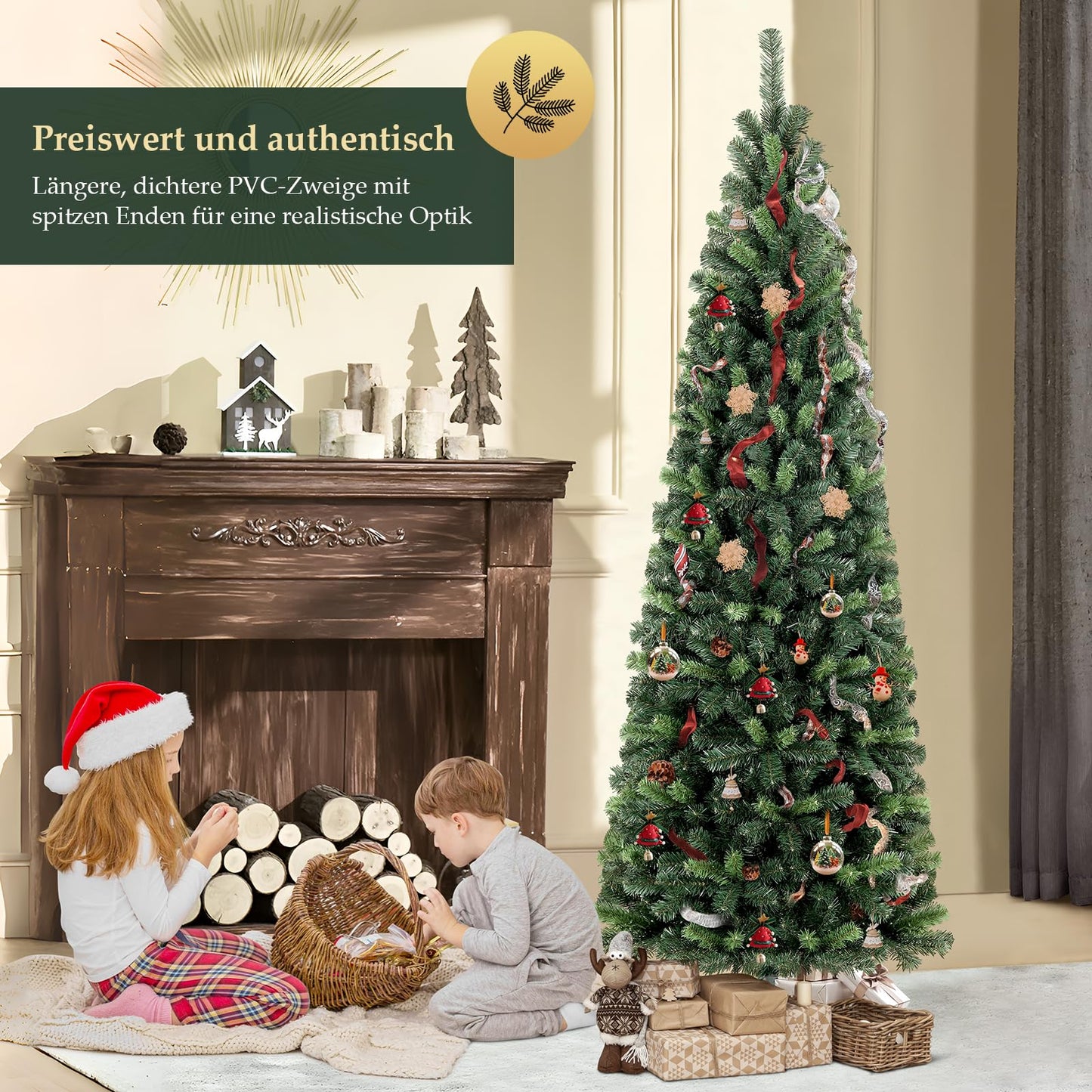 SALCAR Artificial Christmas Tree Slim 180 cm, Artificial Pine Tree with Gloves and Metal Stand, Pencil Christmas Tree PVC Green