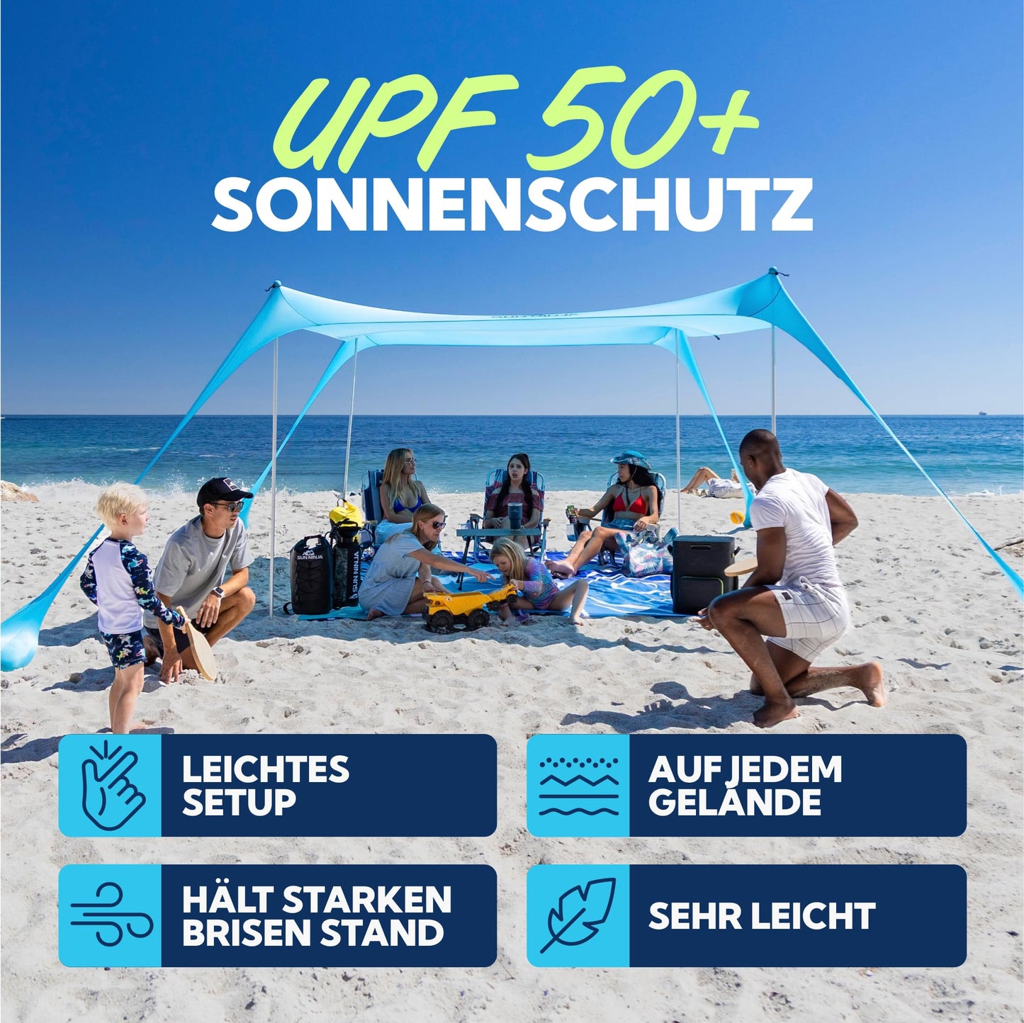 Sun Ninja beach tent with UPF50+ - sun protection beach sunshade with sand shovel & ground nails - beach shelter baby UV protection 50 - beach tent
