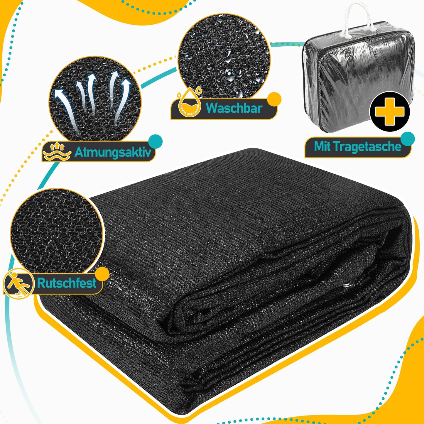 Jiubiaz awning carpet, canopy carpet camping rug with 12 holes, 13 pegs and carrying bag, breathable non-slip, washable, camping mat awning floor (black, 250x550cm)