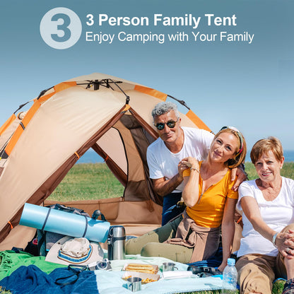 Prayset camping tent, pop-up tent for 3 persons, family dome tent waterproof, windproof with 2 mesh doors, 2 mesh windows, 2 in 1 double layers, carry bag for camping, hiking, backpacking.