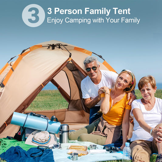 Prayset camping tent, pop-up tent for 3 persons, family dome tent waterproof, windproof with 2 mesh doors, 2 mesh windows, 2 in 1 double layers, carry bag for camping, hiking, backpacking.