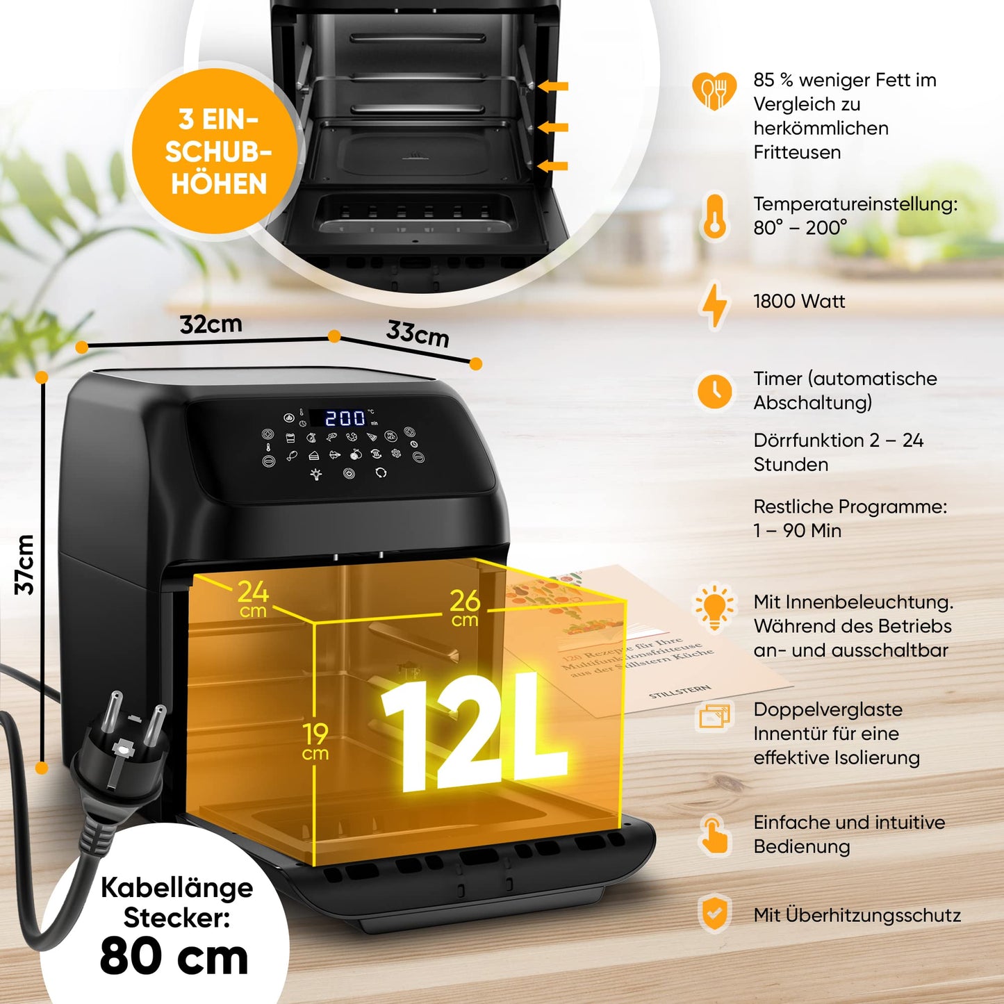 Stillstern Hot Air Fryer 12L with LED Touchscreen, XXL recipe book in German, 12 programs, preheat & keep warm, 1800W Hot Air Fryer Air Fryer XXL without oil dehydrating mini oven camping grill
