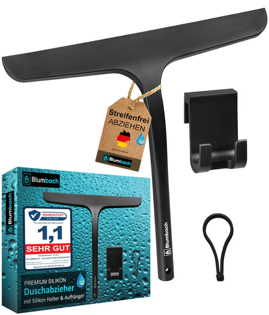 BLUMBACH® Shower Squeegee black, squeegee shower with holder 28 cm wide, window squeegee silicone with stainless steel core, shower squeegee wiper, shower wall squeegee, shower squeegee, glass squeegee.