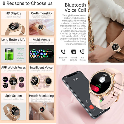 Ladies smartwatch with phone function, 1.32 Fitness Watch Diamond Ladies, Fitness Tracker Watch with menstrual cycle, heart rate, SpO2, sleep monitor, pedometer, wristwatch for Android iOS (Gold)