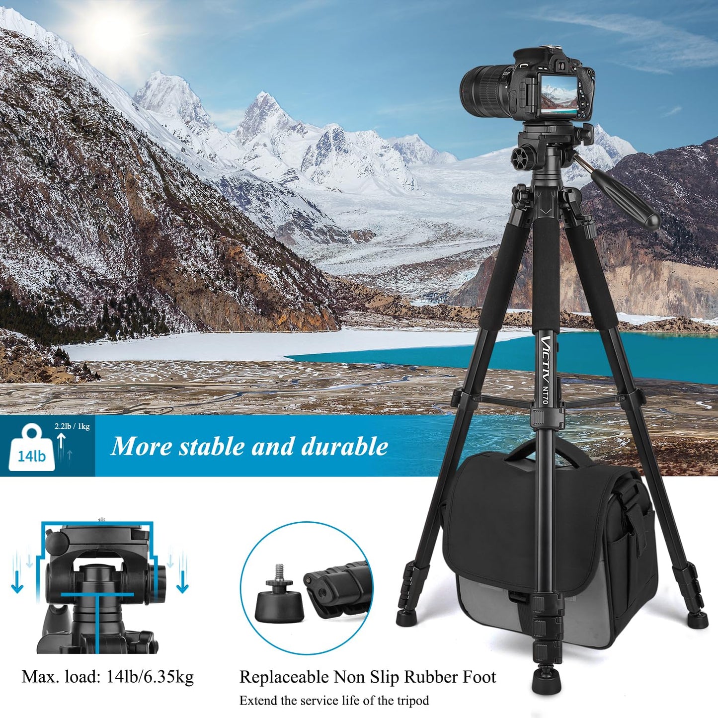 Victiv Camera Tripod with 52–160-185cm height, lightweight tripod with detachable 3-way head, aluminum camera stand for DSLR Canon Nikon Sony, tripod for smartphone with phone holder.