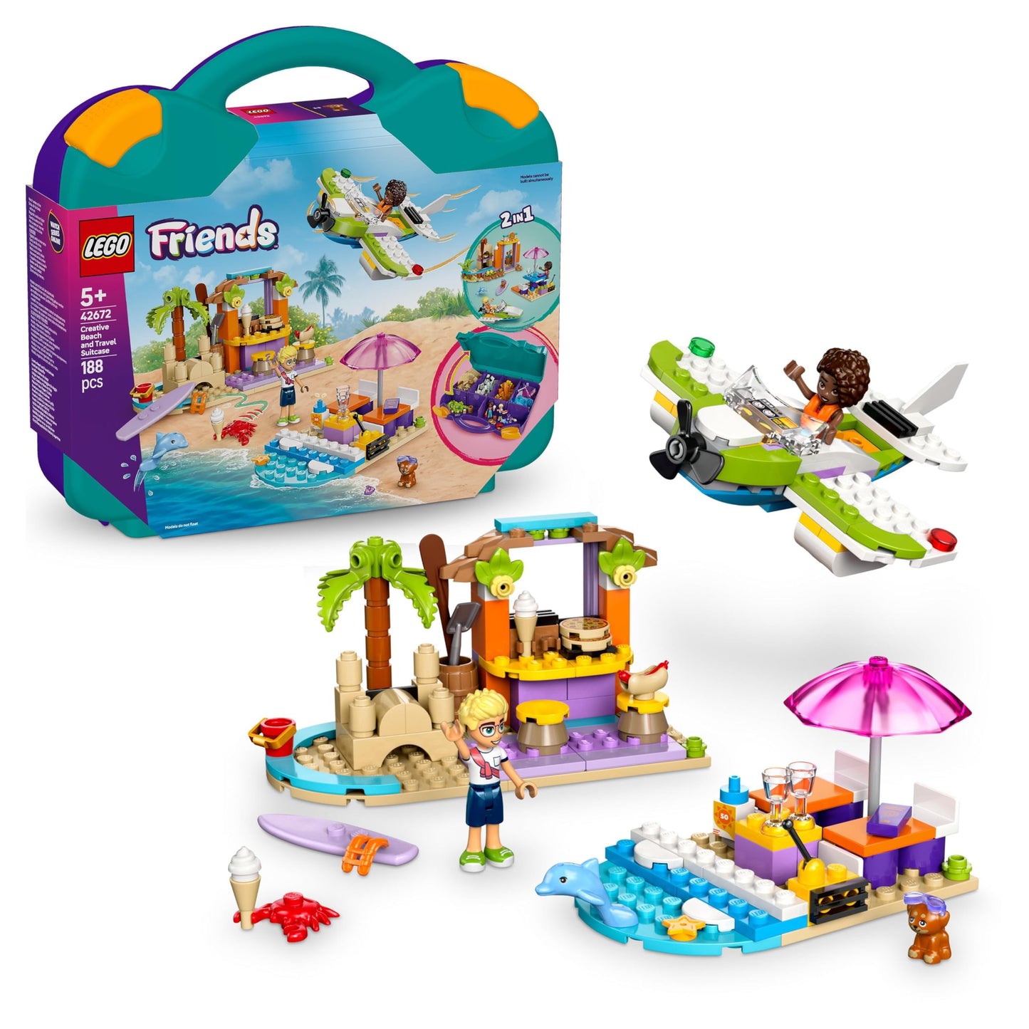 LEGO Friends Creative Suitcase, building toy, building and play set for role-playing, gift for girls from 5 years old, 2 minifigures of characters, animal figures, 1 dog and 1 dolphin 42672