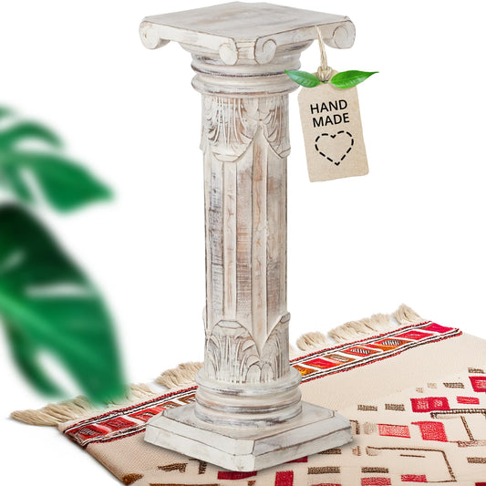 livasia noble flower column wood in antique look - 60cm - decorative column made of albizia wood, handmade, sustainable and unique from Bali, perfect for living room, hallway or garden (white)