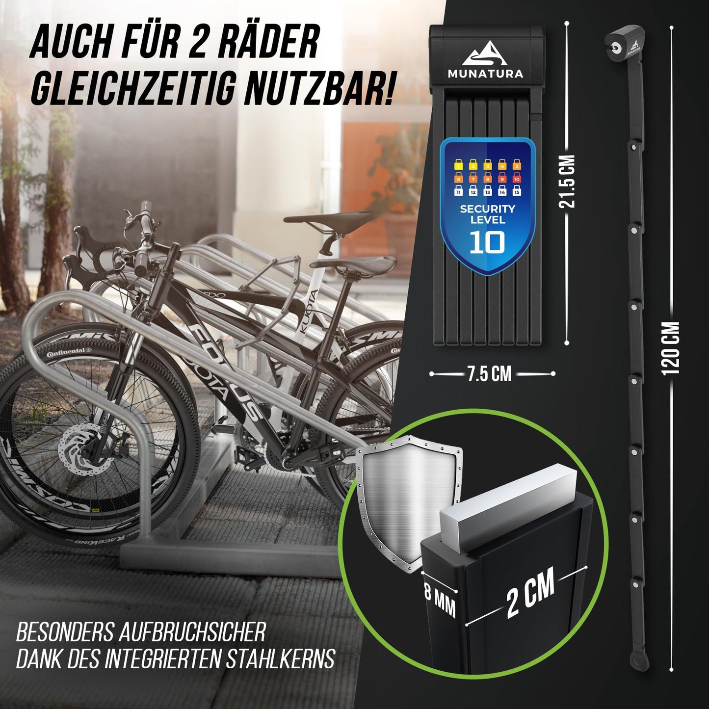 MUNATURA folding lock bike theft protection [120cm] - Bike lock high security with bracket - Folding lock bike lock, bike lock secure, bike lock, ebike bike lock