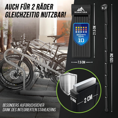 MUNATURA folding lock bike theft protection [120cm] - Bike lock high security with bracket - Folding lock bike lock, bike lock secure, bike lock, ebike bike lock