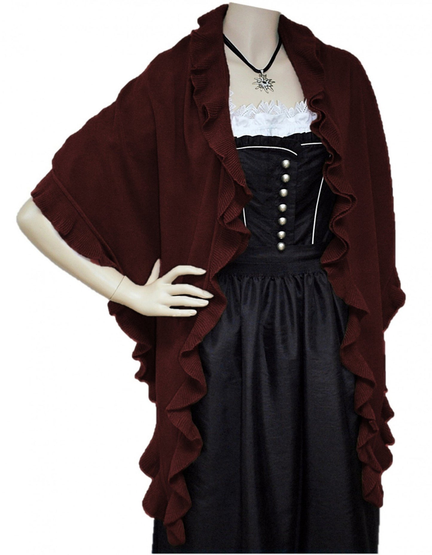 Poncho cape traditional scarf cloak shawl trachten cloth women's knitted poncho traditional knit cape knitted wrap ruffles scarf cashmink, color: dark red