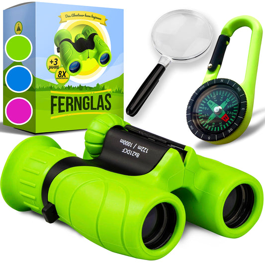 Binoculars for Kids - Perfect gift for boys and girls - Powerful magnification 8X21 - Comprehensive set including magnifying glass & compass - Toy for children aged 3-12 years