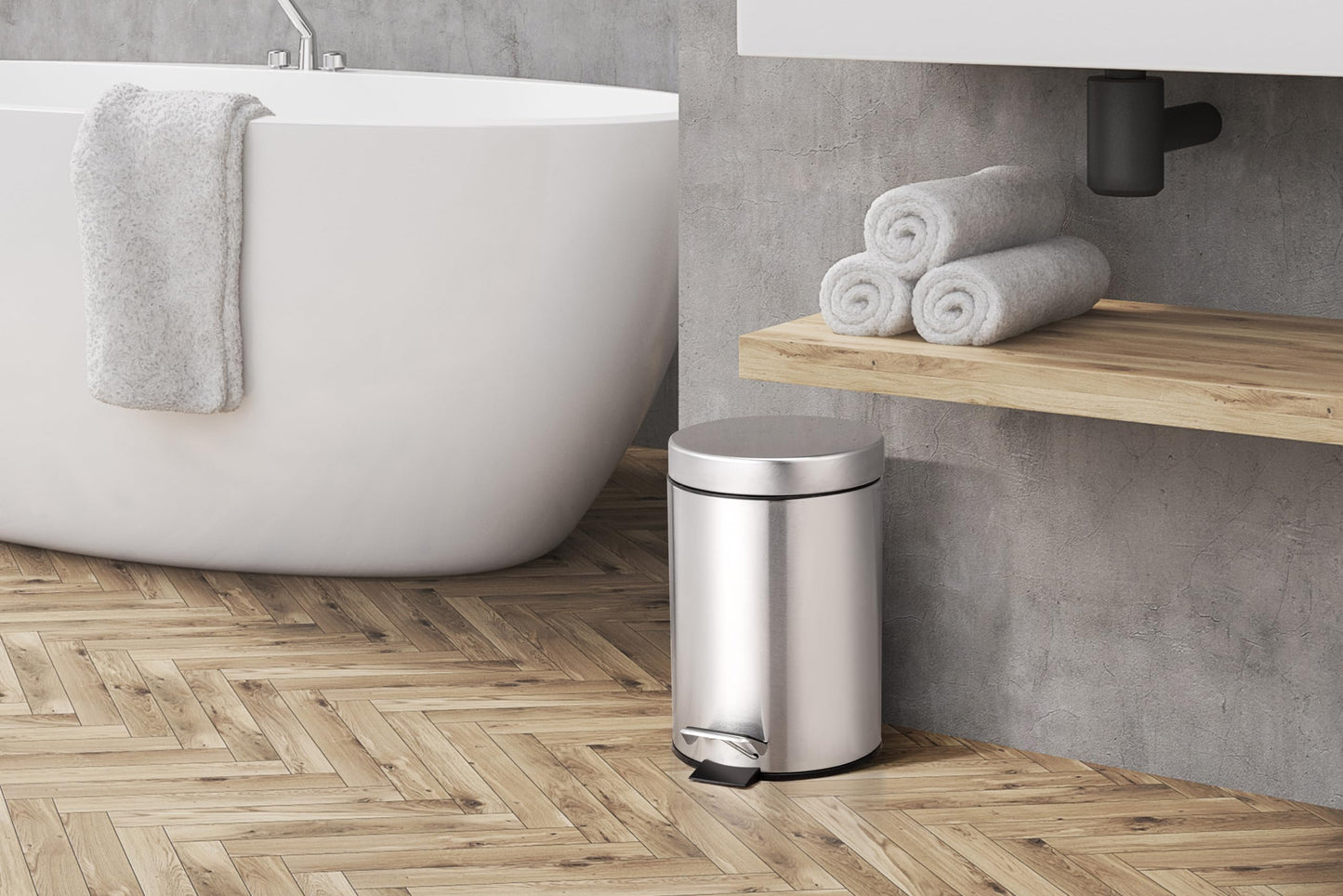 Linsar - Trash can - Stainless steel mini bathroom trash can with lowering mechanism, Silent toilet hygiene trash can with lid, Small toilet cosmetic trash can with swing lid (Steel)