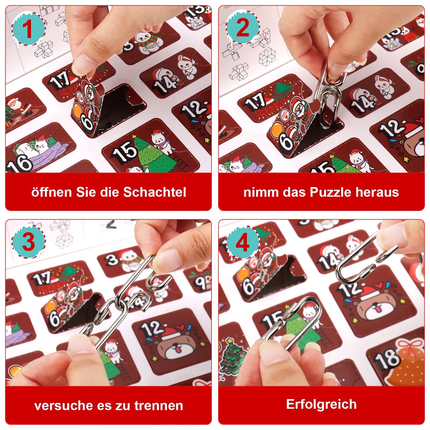 Advent Calendar 2024 Puzzle, 24 Day Christmas Countdown Calendar Puzzle with Metal Brain Teaser for Kids and Adults Challenge (Wooden)