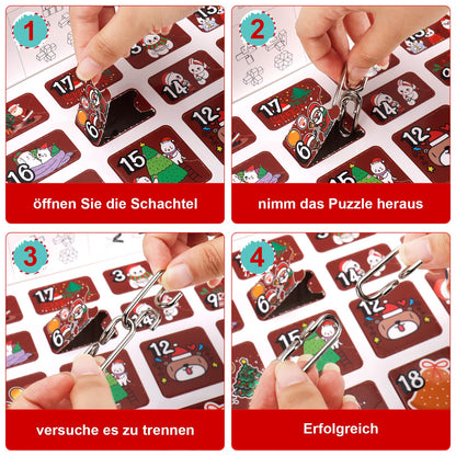 Advent Calendar 2024 Puzzle, 24 Day Christmas Countdown Calendar Puzzle with Metal Brain Teaser for Kids and Adults Challenge (Wooden)