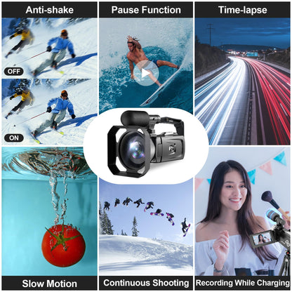 Hojocojo 4K Camcorder 48MP 60FPS, 18X Digital Zoom Webcam Video Camera Vlogging Camera for YouTube with Hand Stabilizer, Lens Hood, Remote Control, 2 Batteries, 32GB SD Card