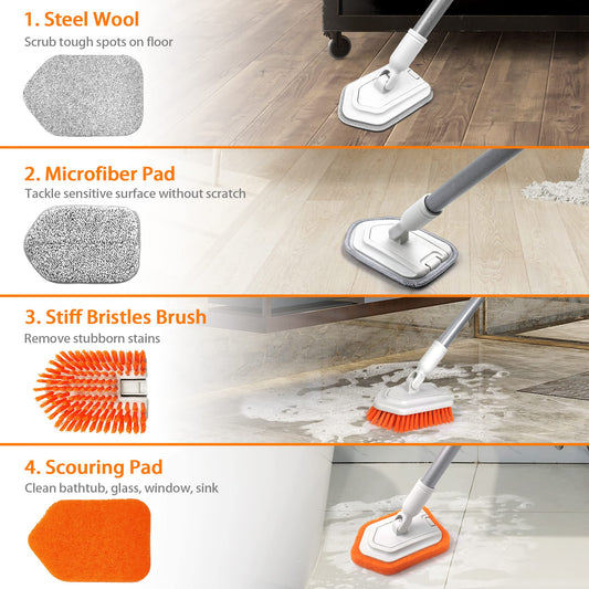 JEHONN 4-in-1 Shower Scrubber, Scrubber with Long Handle Cleaning Brush, 4 Different Functions Scrub Brush Attachments for Bathroom, Tub, Floor, Wall, Baseboard